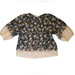 LC Lauren Conrad Black and Cream Floral Coquette Blouse Large